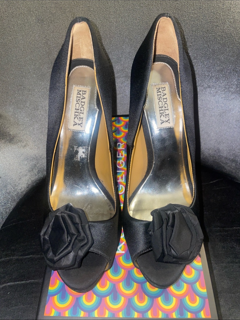 Badgley Mischka Black Satin Peep-Toe Pumps with Flower Accent